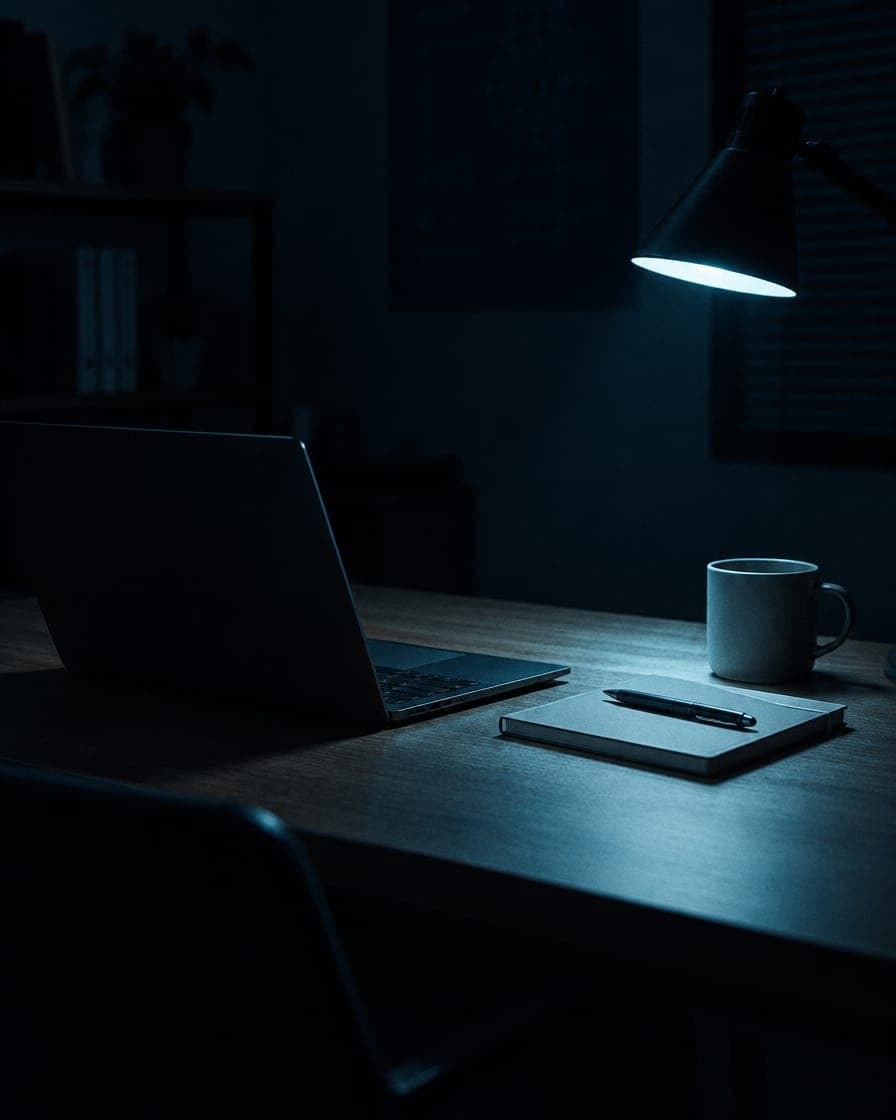 A desk at night lit by a single lamp, with a laptop, a notebook, and a cup.