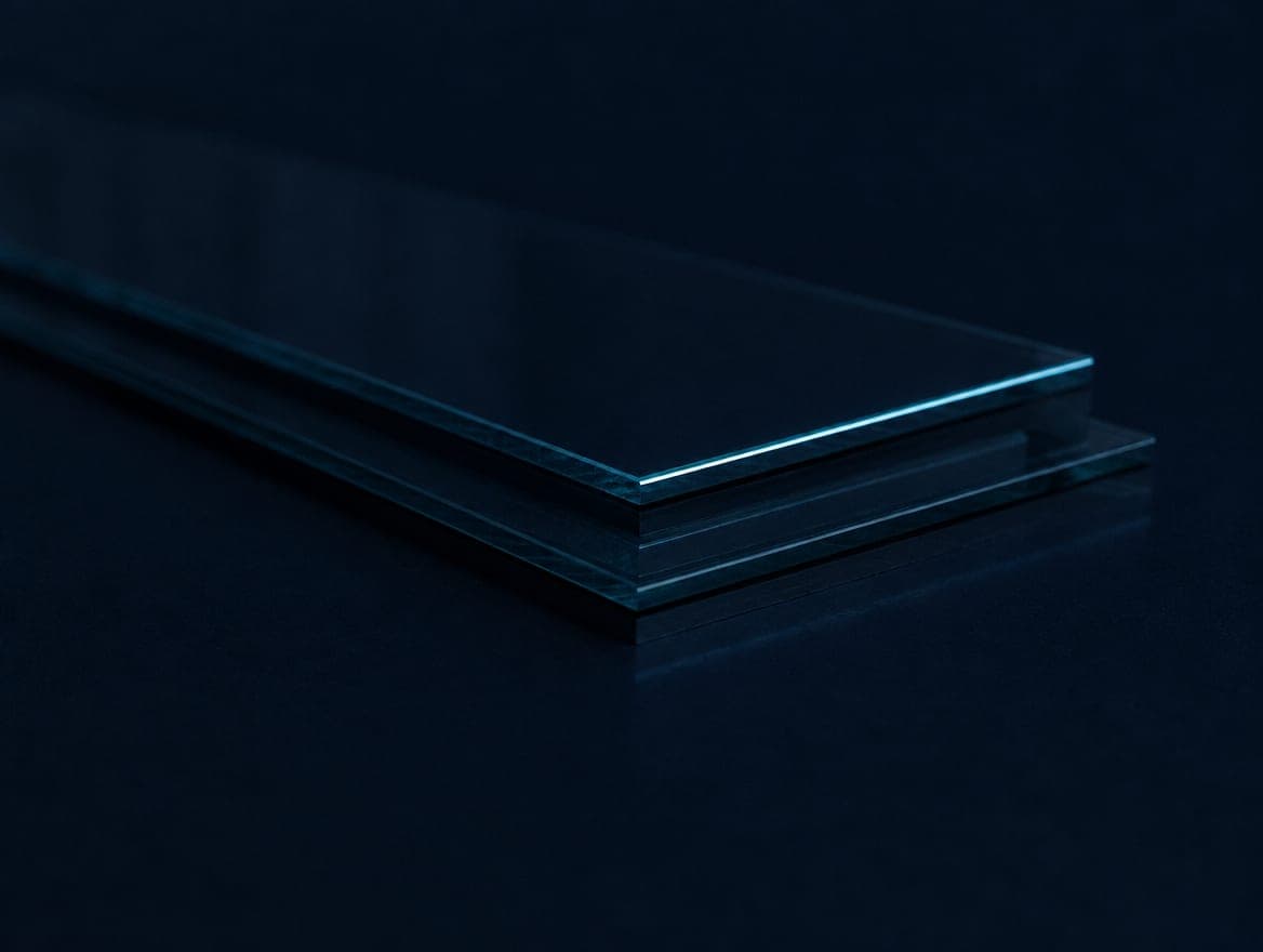 Three sheets of glass stacked on a dark surface, one edge catching a line of light.